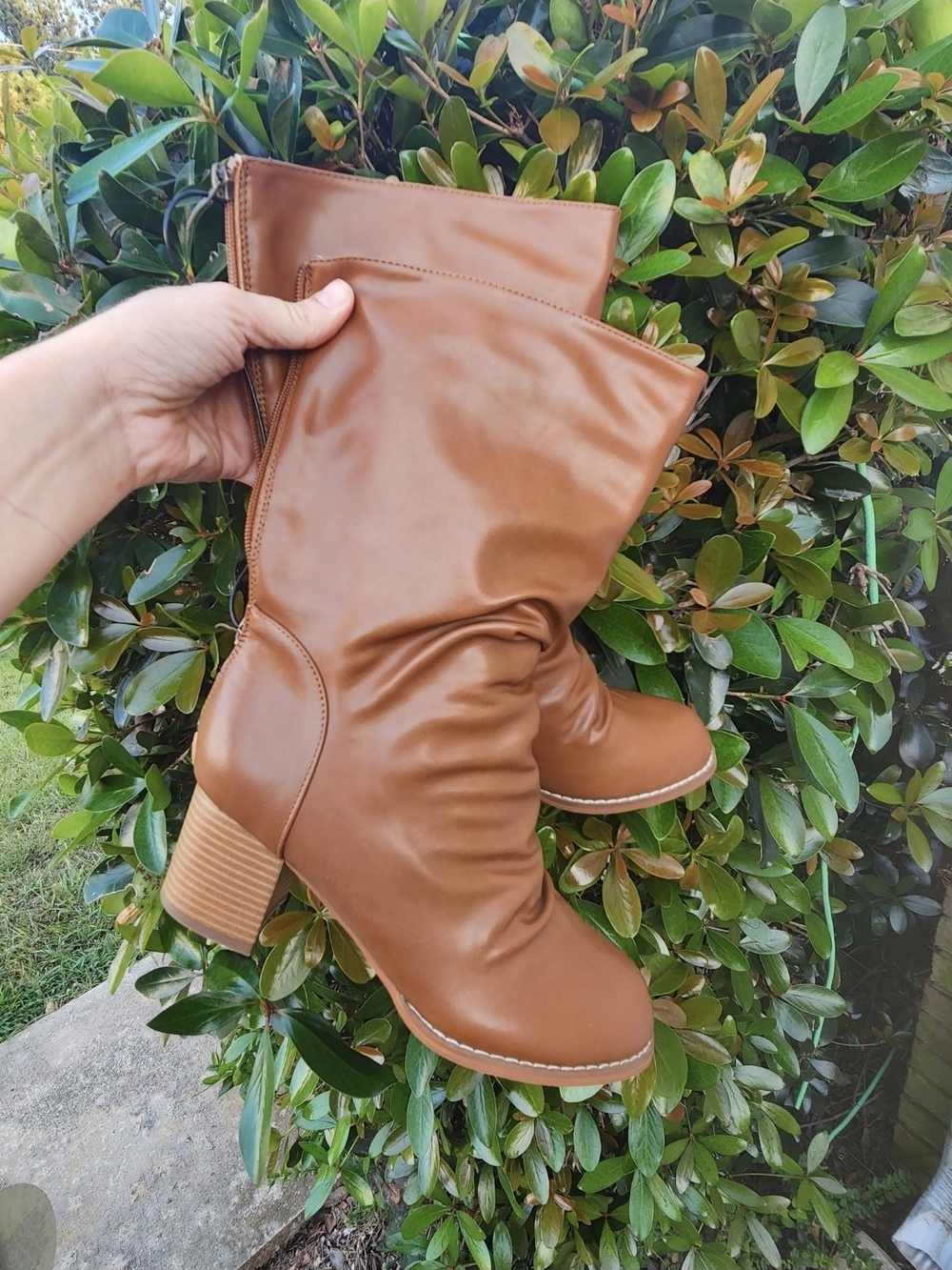 New Women's Tan Camel High Heel Wedge Boots Shoes, size 8